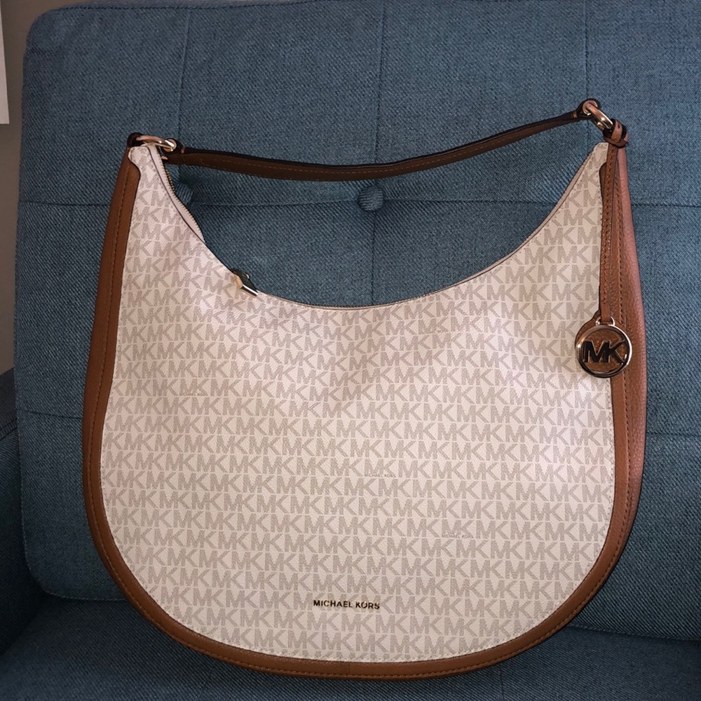 Michael Kors Collection Cream and Brown Monogram Hobo Shoulder Bag